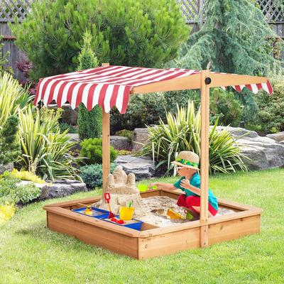 Outsunny Kids Sandbox with Cover and Adjustable Canopy, Children's Wooden Sandbox Backyard Toy - 42.25