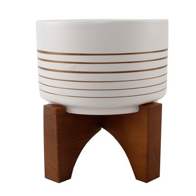 7" Ceramic Lines On Wood Stand,White/Gold Line