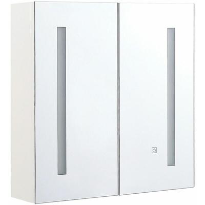 Bad Spiegelschrank Weiß Sperrholzplatte 2 türig 60x60 cm mit LED-Licht Fächern Wandeinbau Modern