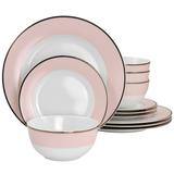 Martha Stewart Gold Rimmed 12 Piece Fine Ceramic Dinnerware Set in Pink - 12 Piece