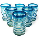 Dos Sueños Hand Blown Mexican Drinking Glasses - Set of 6 Glasses with an Aqua Spiral Design (14 oz each)