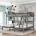 Full over Twin&Twin Bunk Gray Bed, with Triple Bunk Bed Drawers and Round Drawer Pulls, Pine Bed, with Full-Length Guardrail