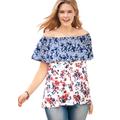 Plus Size Women's Off Shoulder Ruffle Tee by Woman Within in Evening Blue Mix Print (Size 26/28) Shirt