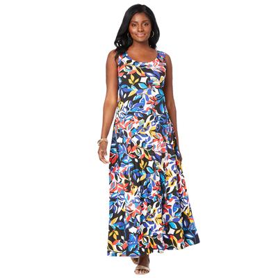 Plus Size Women's Stretch Cotton Tank Maxi Dress by Jessica London in Multi Graphic Leaves (Size 26/28)
