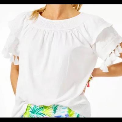 Lilly Pulitzer Tops | $98 New Lilly Pulitzer Nailah Top Lilly’s Resort White Tassel Embroidery-Large | Color: White | Size: L