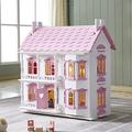 Dolls House,Wooden Doll House with 11 PCS Furniture Set and 3 Dolls Included, Large Dolls house With Opening Front Panel and Light,2 Storey Wooden Dolls House Play Set,Easy to Assemble