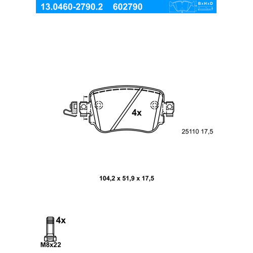 ATE Bremsbelagsatz, Scheibenbremse hinten rechts links für SKODA SEAT VAG 5Q0698451L 2Q0698451D 7N0698451A 13.0460-2790.2