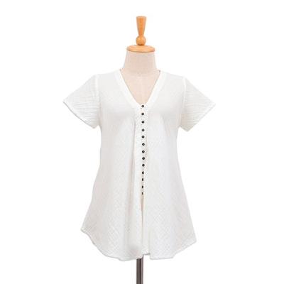 White Flair,'Buttoned Cotton Gauze Blouse with Short Sleeves'