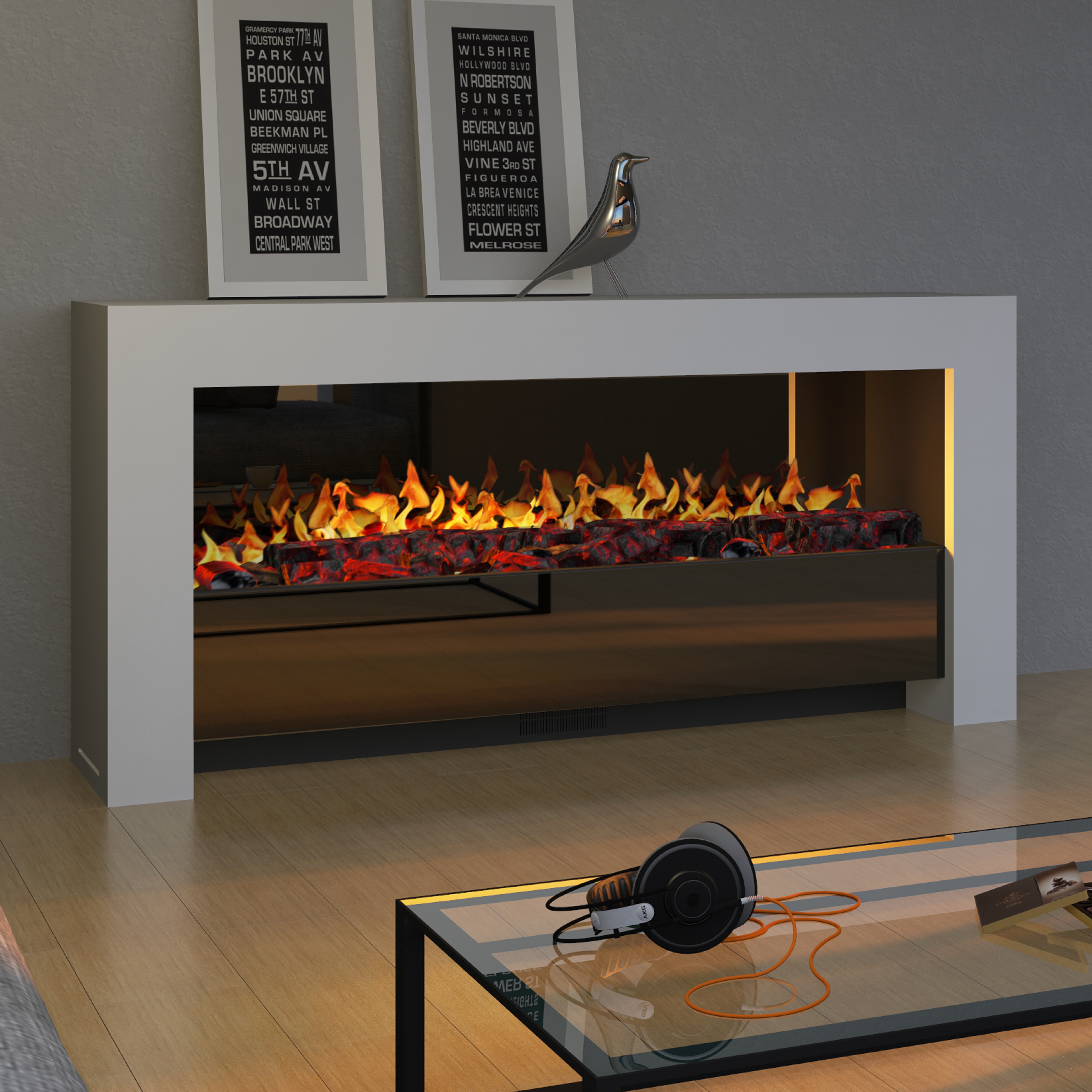 muenkel design bridge XXL [moderner Opti-myst Design Elektrokamin]: weiß (warm) - Mit Heizung - Schwarz, spiegelnd