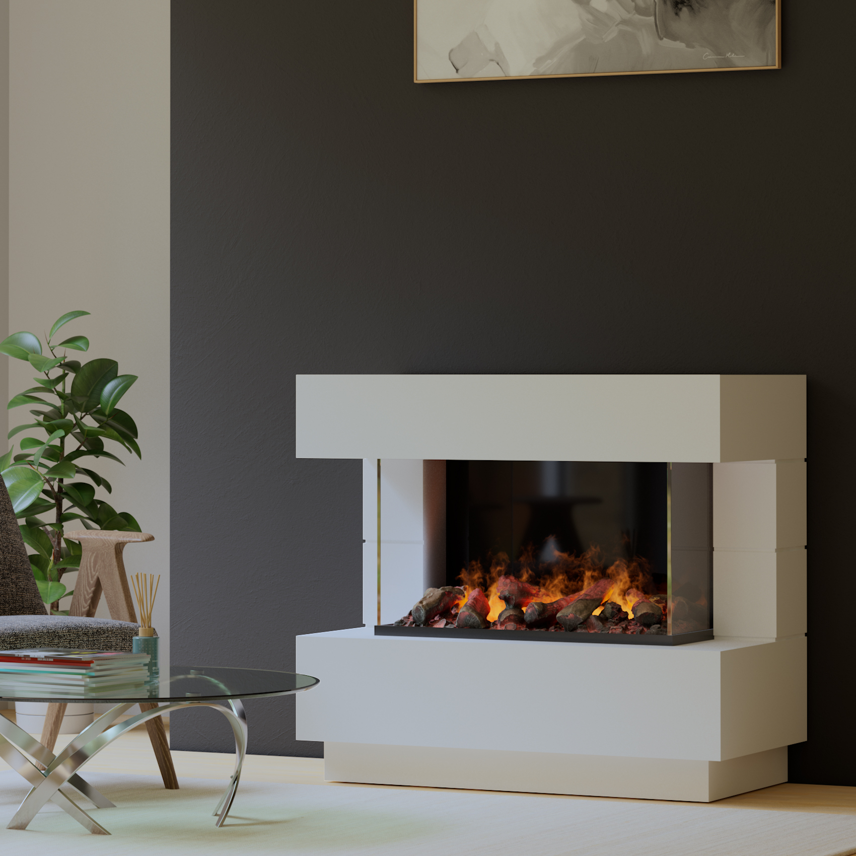 muenkel design London 1100 Opti-glo [Elektrokamin Opti-myst]: weiß (warm) - Ohne Heizung - Wasserleitung - Kieswanne mit schwarzen Steinen