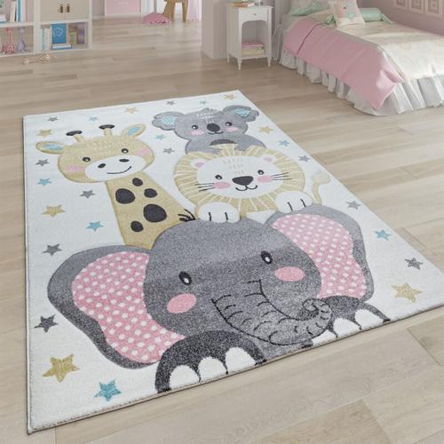 Kinderteppich Teppich Kinderzimmer Kurzflor Mädchen Jungs Sterne Tier Creme Grau 133 cm Quadrat