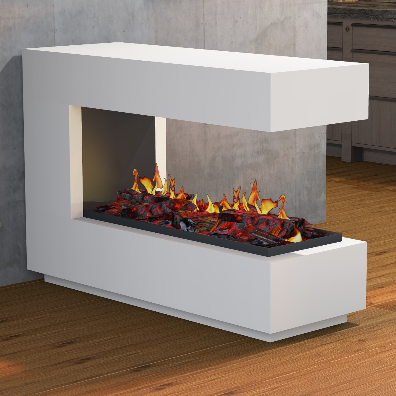 muenkel design loft.line 1400 -- C-02 Raumteiler [Design Opti-myst Elektrokamin mit Tankbefüllung]: Weiß (warm) - Ohne Heizung - Kieswanne mit weißen Steinen - mit Scheibe