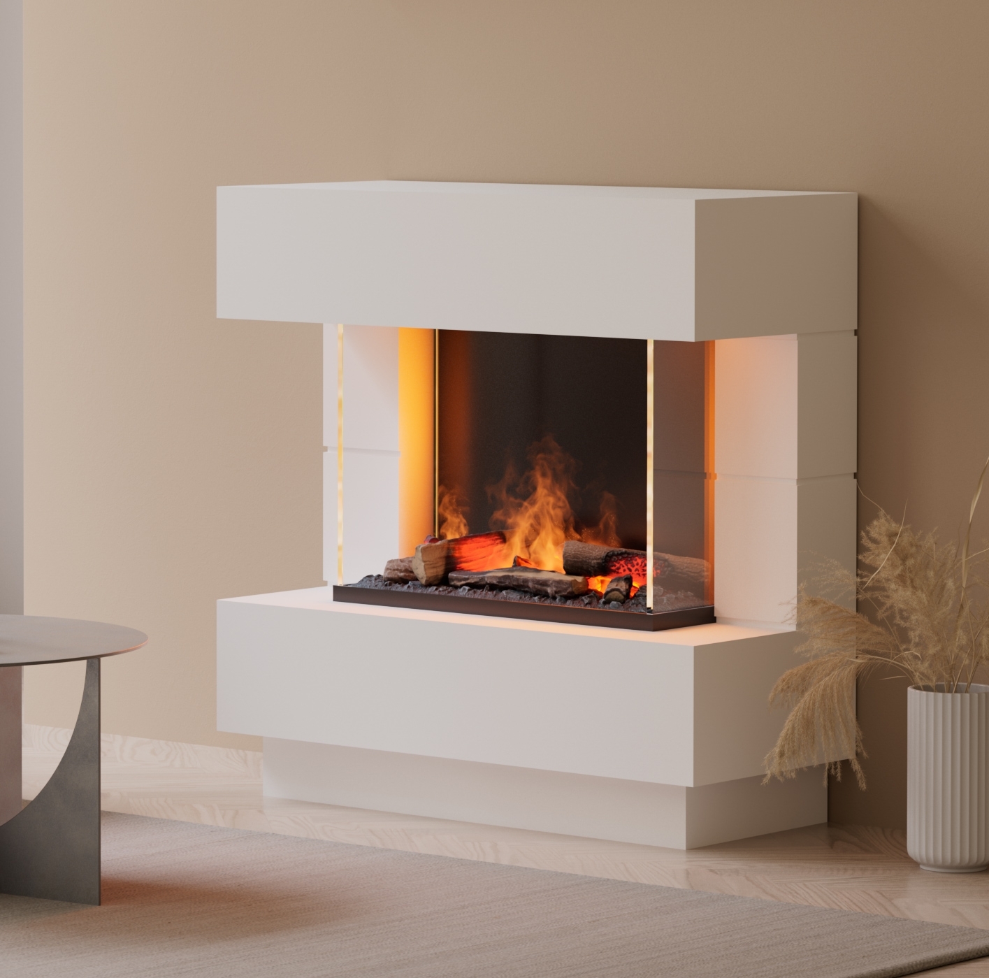 muenkel design London 900 [Elektrokamin Opti-myst]: Wunschfarbe nach RAL - Ohne Heizung - Kieswanne mit schwarzen Steinen