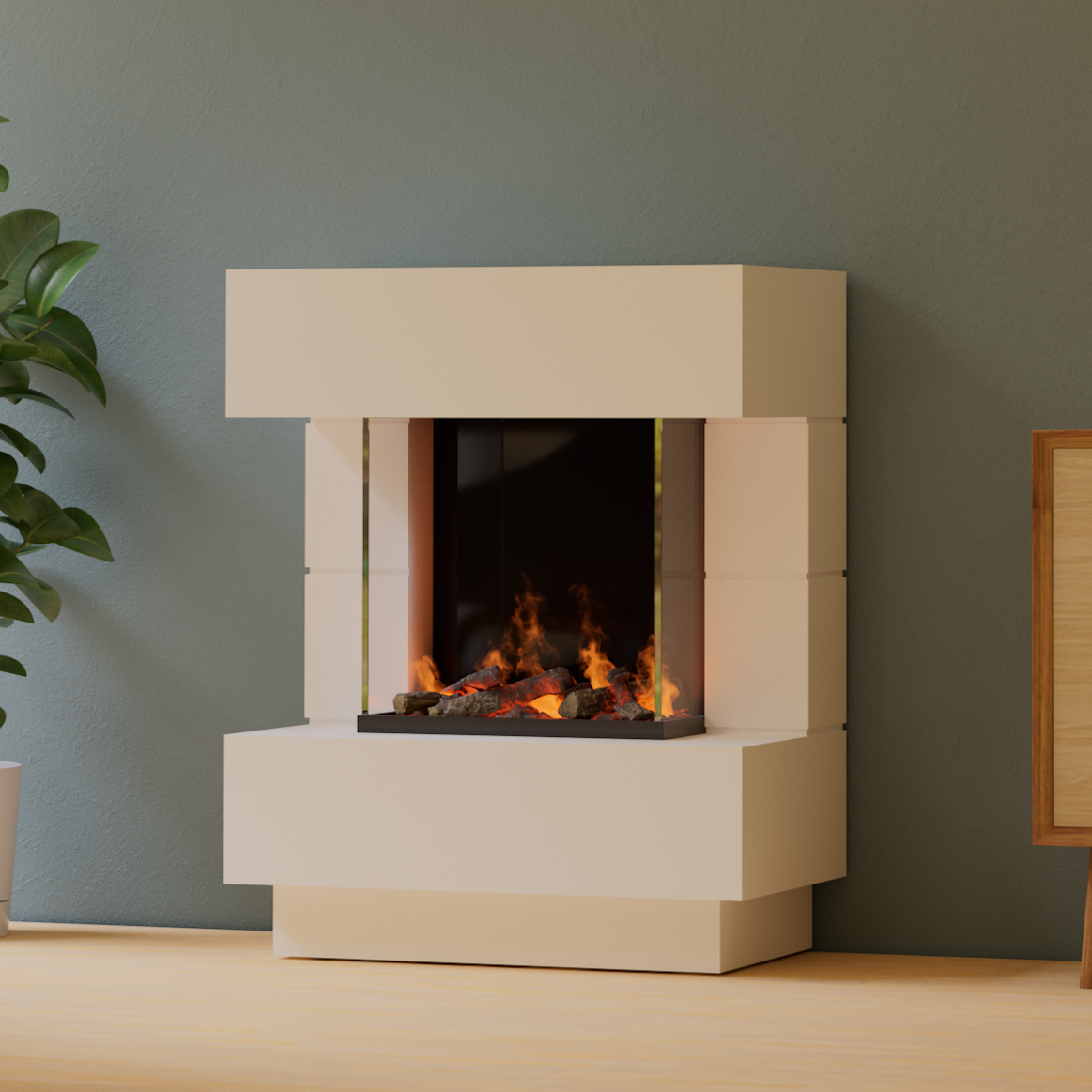 muenkel design London 750 [Elektrokamin Opti-myst]: Weiß (warm) - Ohne Heizung - Dekoholz mit Stehrost (gerade)