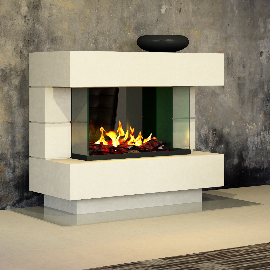 muenkel design London 1100 Opti-glo [Elektrokamin Opti-myst]: Wunschfarbe nach RAL - Ohne Heizung - Tank - Dekoholz mit Stehrost (gerade)