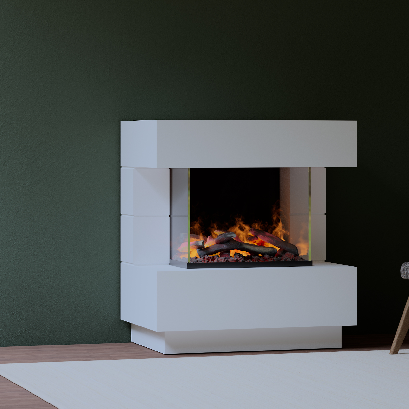 muenkel design London 900 Opti-glo [Elektrokamin Opti-myst]: Wunschfarbe nach RAL - Ohne Heizung - Wasserleitung - Kieswanne mit schwarzen Steinen