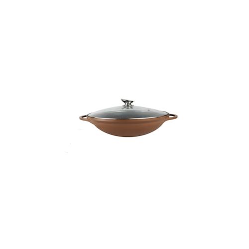 WOK Wokpfanne Silikongriffe Induktion 36cm Aluguss + Deckel Bratpfanne Marmorbeschichtung Hellbraun