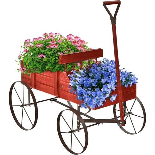 Blumenwagen mit Metall Raeder, Blumenstaender aus Holz, Holzwagen für Blumen&Pflanzen,