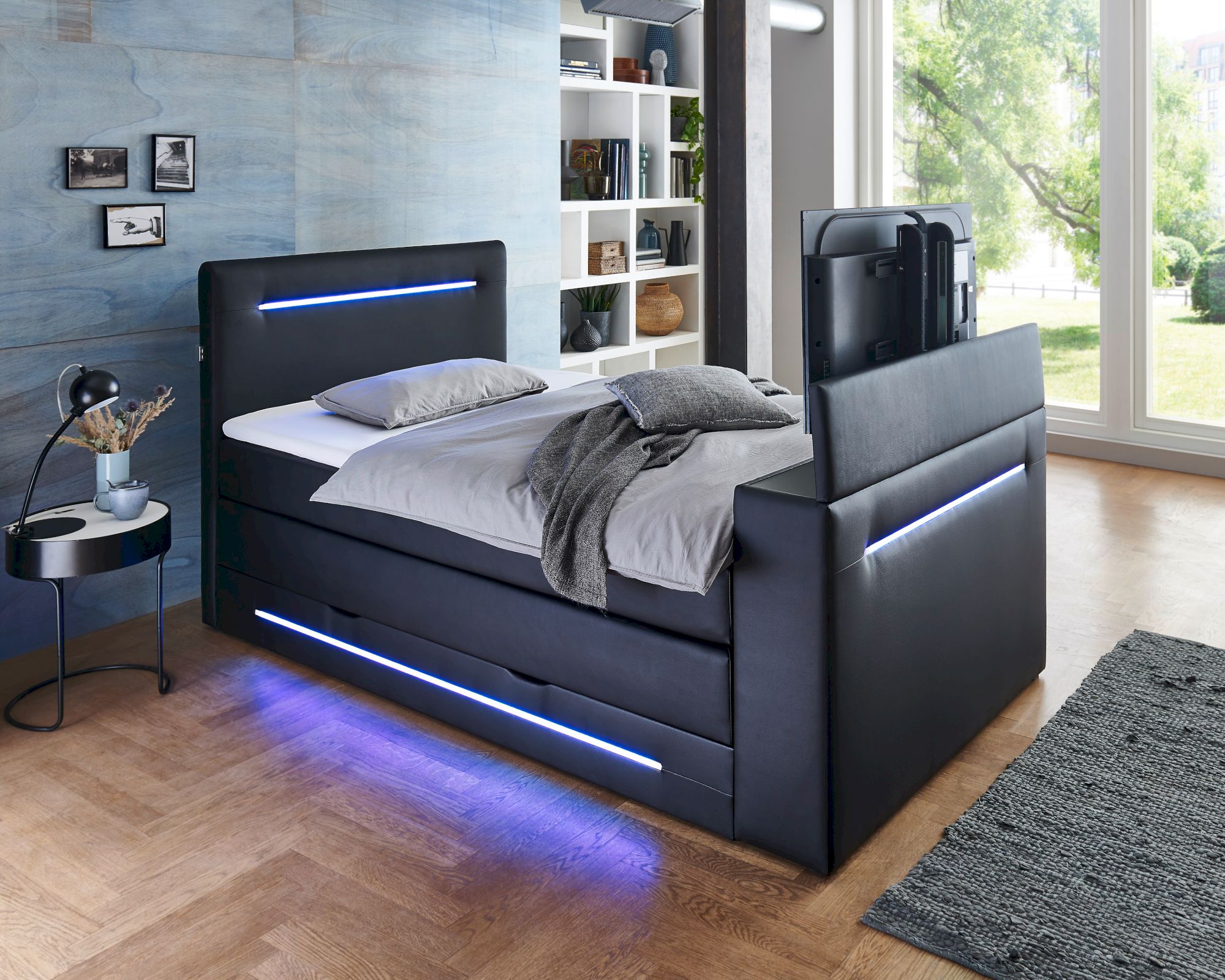 meise.möbel »Jupiter« Boxspringbett inkl. TV-Lift und Bettkasten in schwarz 160x200 cm / schwarz / Bonnell-Federkern inkl. Topper