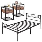 Tamika 3-pieces Metal Bed Frame Tempered Glass Nightstands Set