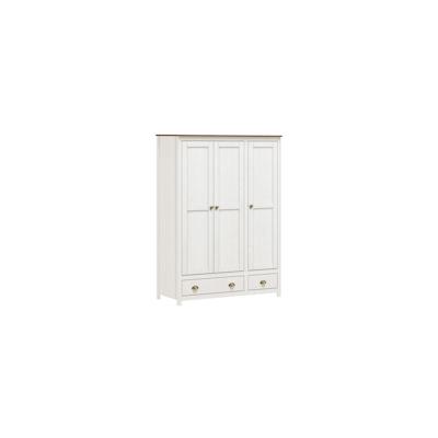 Möbilia Kleiderschrank | 3 Türen, 2 Schubladen | Kiefer massiv | B 136 x T 54 x H 185 cm | weiß-braun