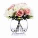 Enova Home Artificial Mixed Fake Open Roses Silk Flowers Arrangement in Clear Glass Vase with Faux Waterfor Home Wedding Decor