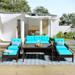 6Pcs Outdoor PE Rattan Wicker&Cushioned Conversation Sofa Set with Large Rectangular Glass Coffee Tea Table and 2 Ottomans