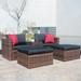 5 Pieces Outdoor Wicker Sponge Cushioned Sectional Sofa Set Seating Group with Glass Coffee Table and 2 Ottomans