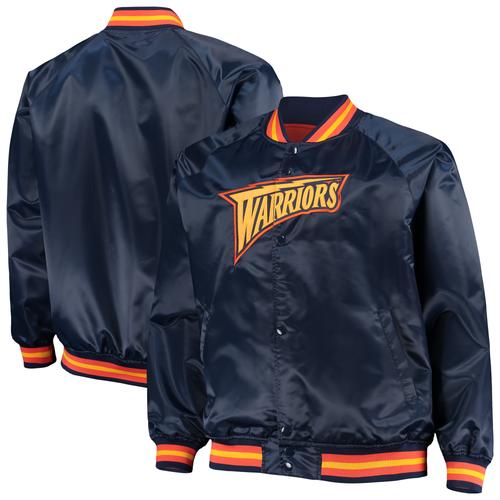 Mitchell & Ness Herren-Jacke „Hardwood Classics“ der Golden State Warriors in Marineblau mit durchgehendem Druckknopf, große und lange Ärmel, Raglan-Satin