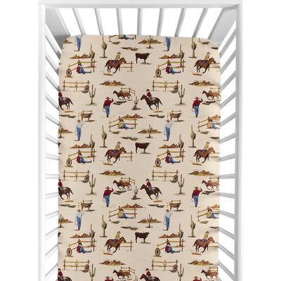 Wild West Collection Boy Jersey Knit Fitted Crib Sheet - Red, Blue, Tan Western Cowboy Southern Country Horse