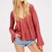 Free People Sweaters | Free People Rose Pink Linen Sundae V Neck Flared Sleeves Knit Pullover Sweater | Color: Pink/Red | Size: S