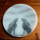 "Fused glass trinket plate 'Moon-Gazing Hare' A pair of hares sihouetted against a full moon with wispy clouds. Approx. 19 cm / 7.5\" diameter"