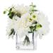 Enova Home Mixed Artificial Silk Dahlia Fake Flowers Arrangement in Cube Glass Vase with Faux Water for Home Office Decoration