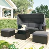 Outdoor 4-Piece Patio Rectangle Daybed with Retractable Canopy, Wicker Furniture Sectional Seating with Washable Cushions