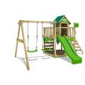 FATMOOSE Wooden climbing frame JazzyJungle Jam XXL with swing set & apple green slide, Outdoor kids playhouse with sandpit, climbing ladder & play-accessories for the garden