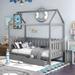 Modern Pine Wood Twin Size House Bed with Roof Frame, Wheeled Drawers and Fence-shaped Guardrail