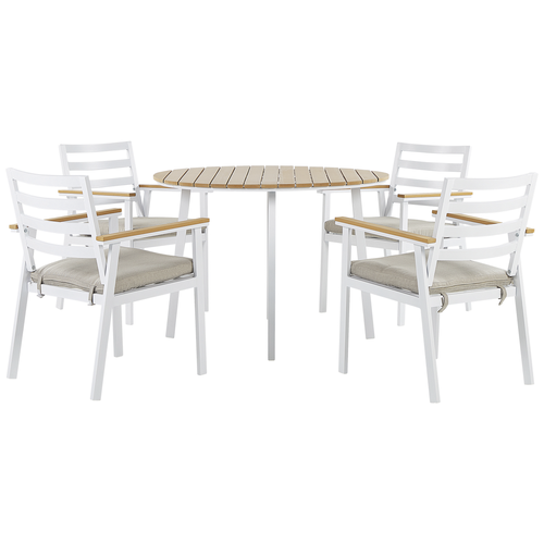 Gartenmöbel Set Tisch mit 4 Stühlen Weiß mit beigen Sitzkissen Alumunium / Kunstholz Outdoor Indoor Garten Salon Wohnzimmer Terrasse