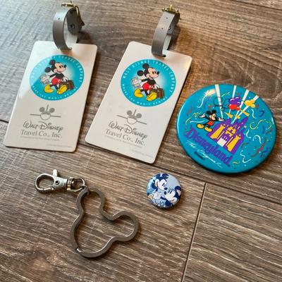 Disney Other | Bundle Of Mickey Mouse Luggage Tags, Two Pins, And A Mickey Mouse Keychain. | Color: White/Silver | Size: Os