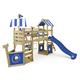 WICKEY Wooden climbing frame StormFlyer with swing set & blue slide, Outdoor kids playhouse with sandpit, climbing ladder & play-accessories for the garden