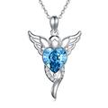 AOBOCO Guardian Angel Heart Necklace Sterling Silver Angel Wings Pendant with Simulated Aquamarine Heart Crystal, Birthday Jewellery Gifts for Women Girls Daughter