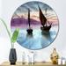 East Urban Home Sailing Boats In The Sea In Evening w/ City - Nautical & Coastal Circle Wall Art in Black/Blue/Brown | Wayfair