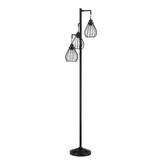 69 in. 3-Light Tree Floor Lamp with Matte Black Finish and Hanging Steel Cage Shade
