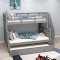 Harriet Bee Wood Bunk Bed w/ Twin Size Trundle, Twin Over Full Bunk Bed w/ Storage & Guard Rail in Gray | 61 H x 54 W x 91 D in | Wayfair