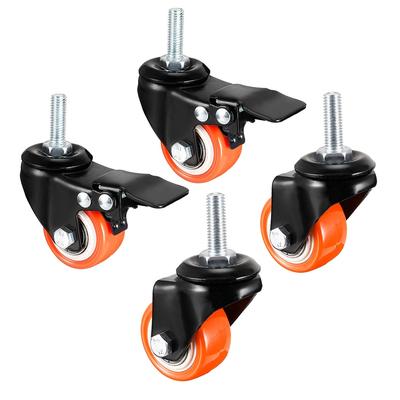 1.5 Inch Swivel Caster Wheel PU Threaded Stem 4 Pcs(2 with Brake, 2 No Brake) - Black, Orange