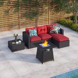 MakeYourDay 4-Seater Rattan Sectional Sofa Set with 3 Kinds of Gas Fire Pit Tables in Red/Blue/Beige