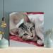 Red Barrel Studio® Silver Tabby Cat Lying On White Textile - 1 Piece Square Graphic Art Print On Wrapped Canvas in Black/Red/White | Wayfair