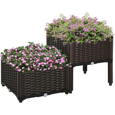 Outsunny - Hochbeet, Pflanzkasten mit Abflusslöchern, Blumenkasten im Rattan-Look, Kunststoff,