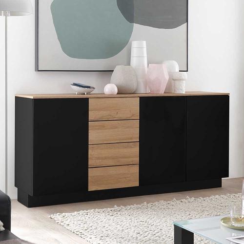 Wohnzimmer Sideboard in Schwarz Hochglanz und Wildeiche Optik 85 cm hoch