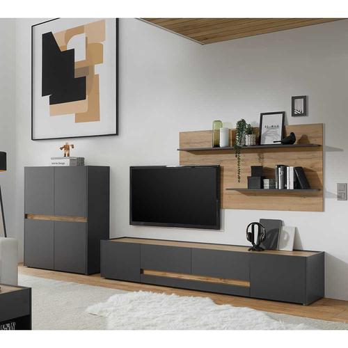 Wohnzimmer Anbauwand in Anthrazit und Wildeiche Optik 320 cm breit (dreiteilig)