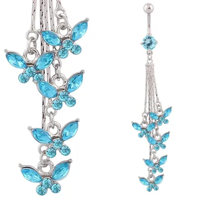 Crystal Tassel Butterfly Navel Bar Body Piercing Belly Button Ring Fashion Navel Ring 14G 316L Surgical Steel Bar Nickel-free